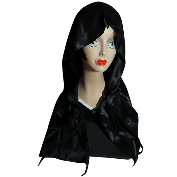 Black Satin Hooded Face Covering Shawl – Large Size Gothic Costume Cloak - Picture 1 of 5